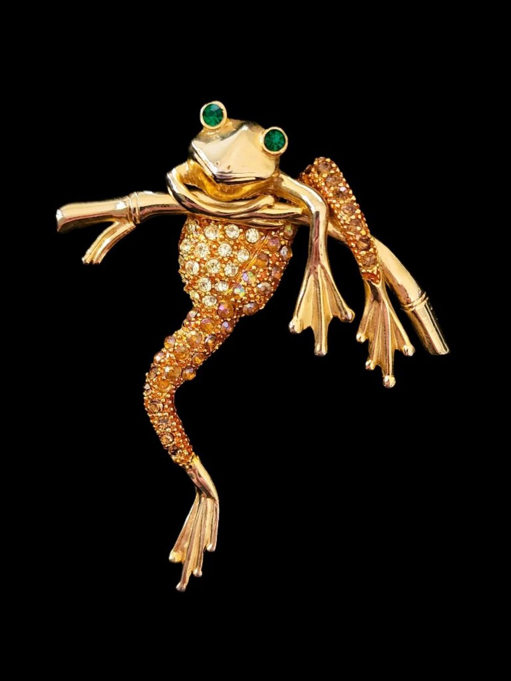 Vintage 90s Large Statement Tree Frog Bamboo Gold-Tone Rhinestone Brooch Pin